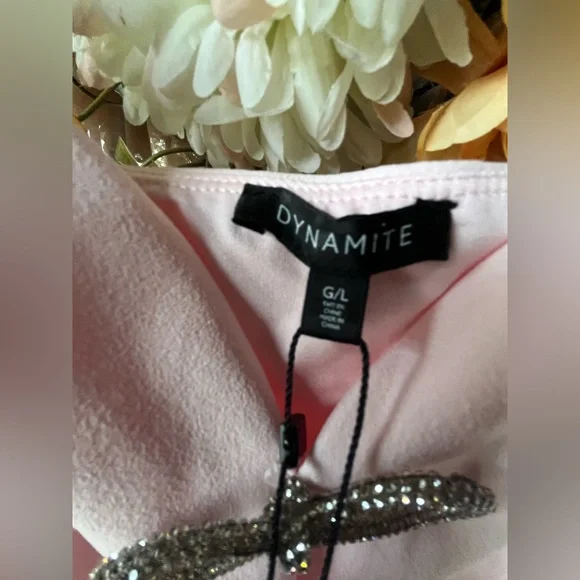 Pale Pink Textured Bodysuit Dynamite Top NWT Decorative Crystal Bows Size Large - Picture 5 of 7